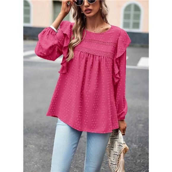 Women's Long Sleeve Blouses Rose Red - Picture 4 of 6